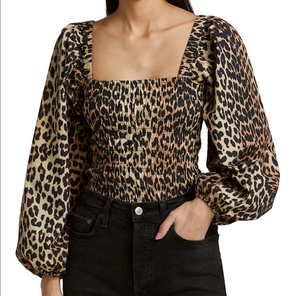 GANNI Leopard Smocked Puff-Sleeve Top size 40
